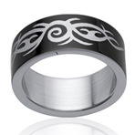 Bague alliance homme acier et rhutenium, motif tribal