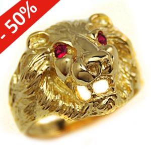 Bague chevalière tête de lion or 9k - yeux rouges - Modèle Orleac