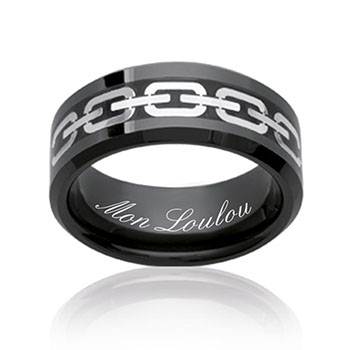 Bague alliance homme acier et rhutenium, motif chainon