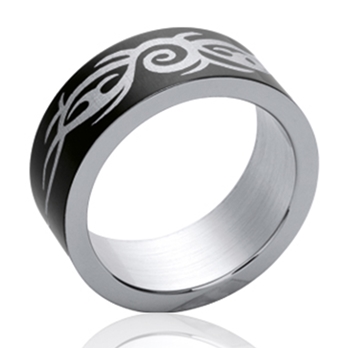 Bague alliance homme acier et rhutenium, motif tribal